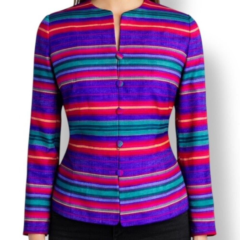 Vintage Adrianna Papell Safe Silk Collarless Striped Jacket Blazer Petite 8P